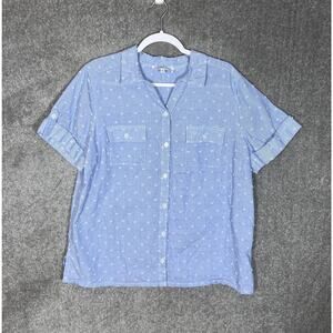 Liberty Lane Striped‎ Swiss Dot Button Up Top Women Size 1X Blue Blouse Pockets